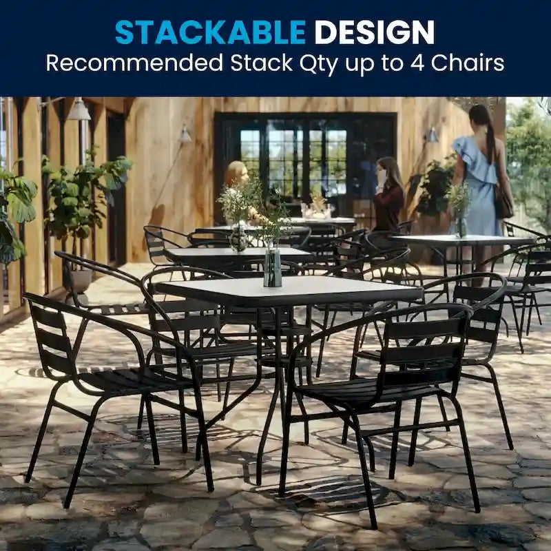 31.5  Square Glass Metal Table with 4 Metal Aluminum Slat Stack Chairs