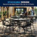 31.5  Square Glass Metal Table with 4 Metal Aluminum Slat Stack Chairs