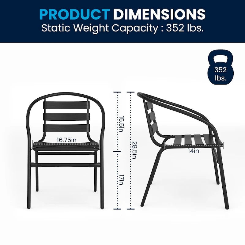 31.5  Square Glass Metal Table with 4 Metal Aluminum Slat Stack Chairs