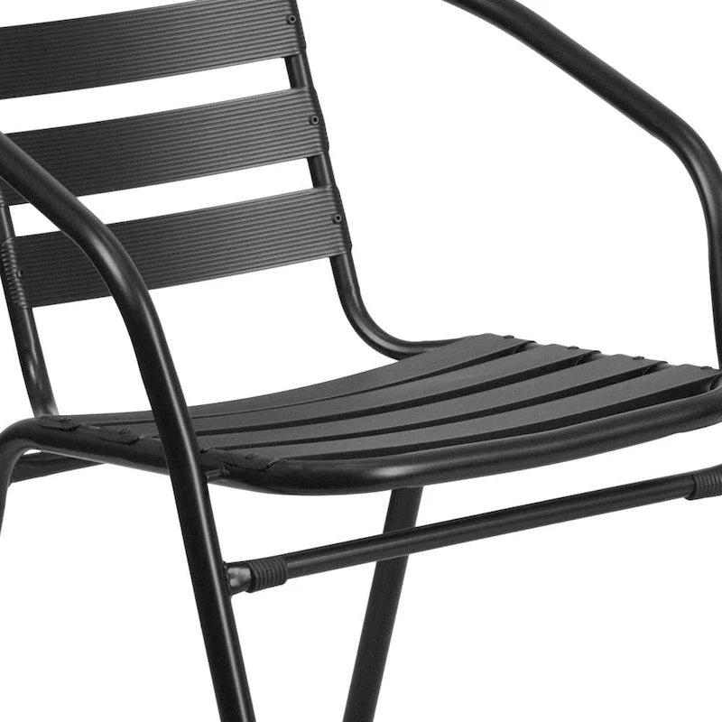 31.5  Square Glass Metal Table with 4 Metal Aluminum Slat Stack Chairs