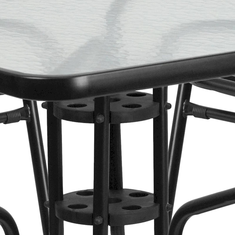31.5  Square Glass Metal Table with 4 Metal Aluminum Slat Stack Chairs