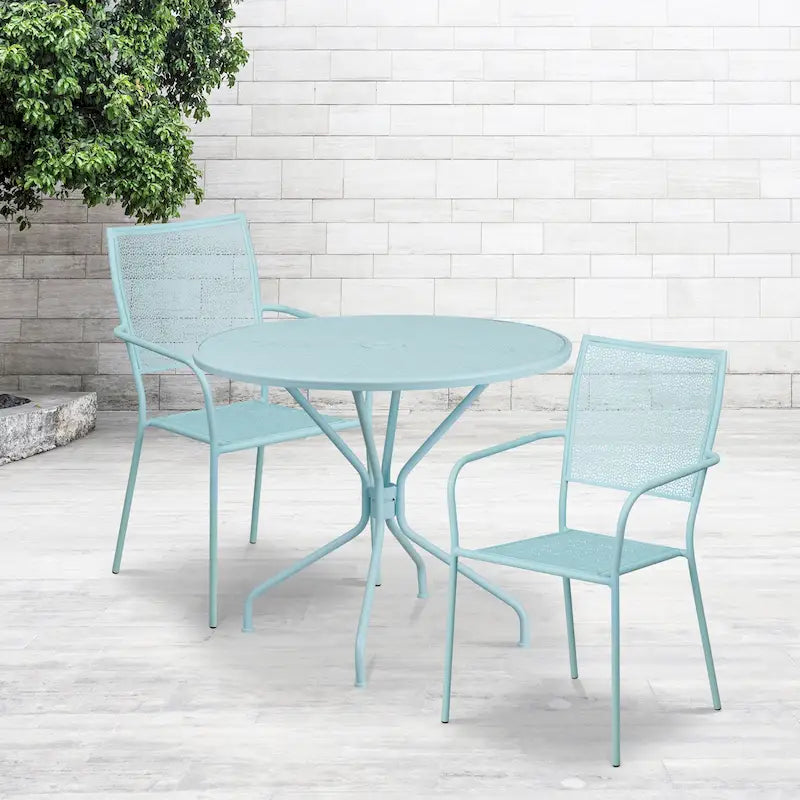 35-inch Round Steel 3-piece Patio Table Set with Square Back Chairs
