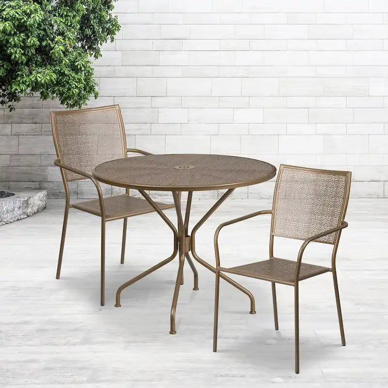 35-inch Round Steel 3-piece Patio Table Set with Square Back Chairs