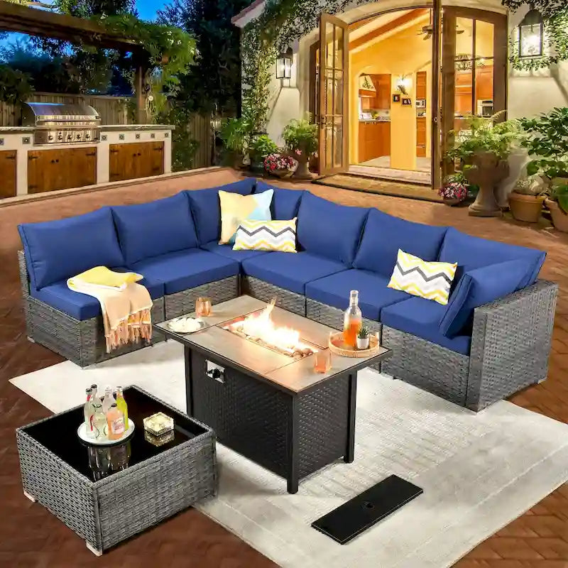 8-Piece Grey Wicker Outdoor Sectional Sofa with Fire Pit Table