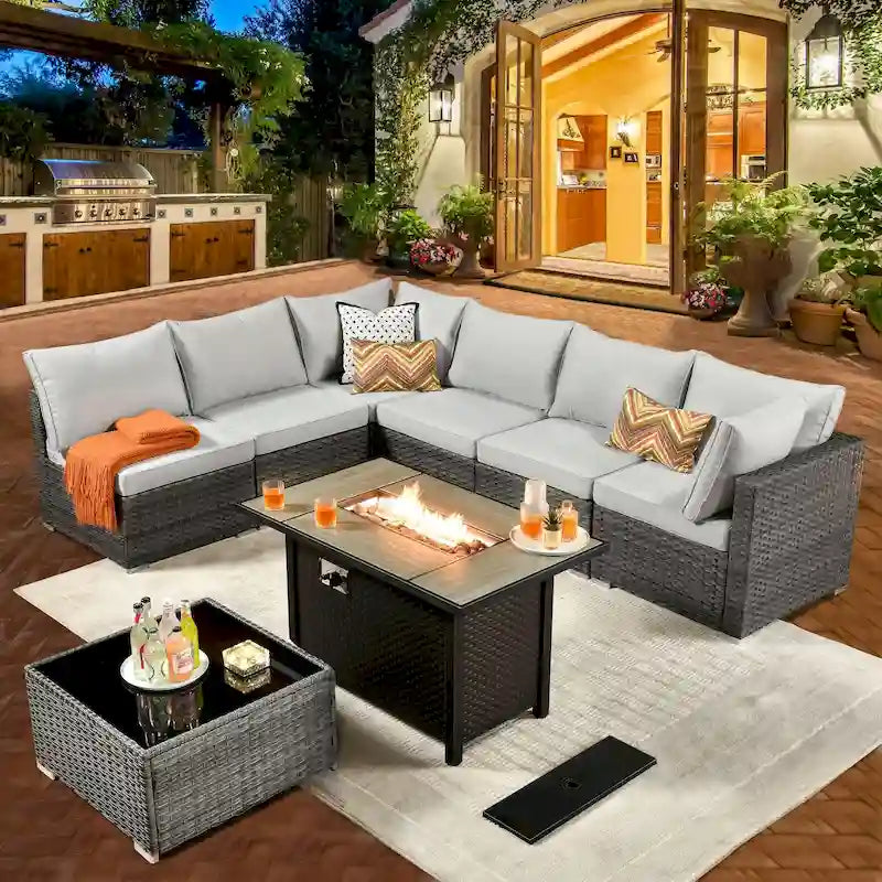 8-Piece Grey Wicker Outdoor Sectional Sofa with Fire Pit Table