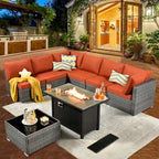 8-Piece Grey Wicker Outdoor Sectional Sofa with Fire Pit Table