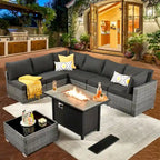 8-Piece Grey Wicker Outdoor Sectional Sofa with Fire Pit Table