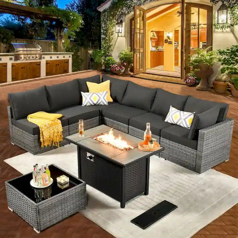 8-Piece Grey Wicker Outdoor Sectional Sofa with Fire Pit Table