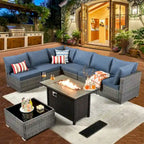 8-Piece Grey Wicker Outdoor Sectional Sofa with Fire Pit Table