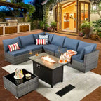 HOOOWOOO 8-piece Grey Wicker Patio Furniture Set Sectional Sofa with Fire Pit Table