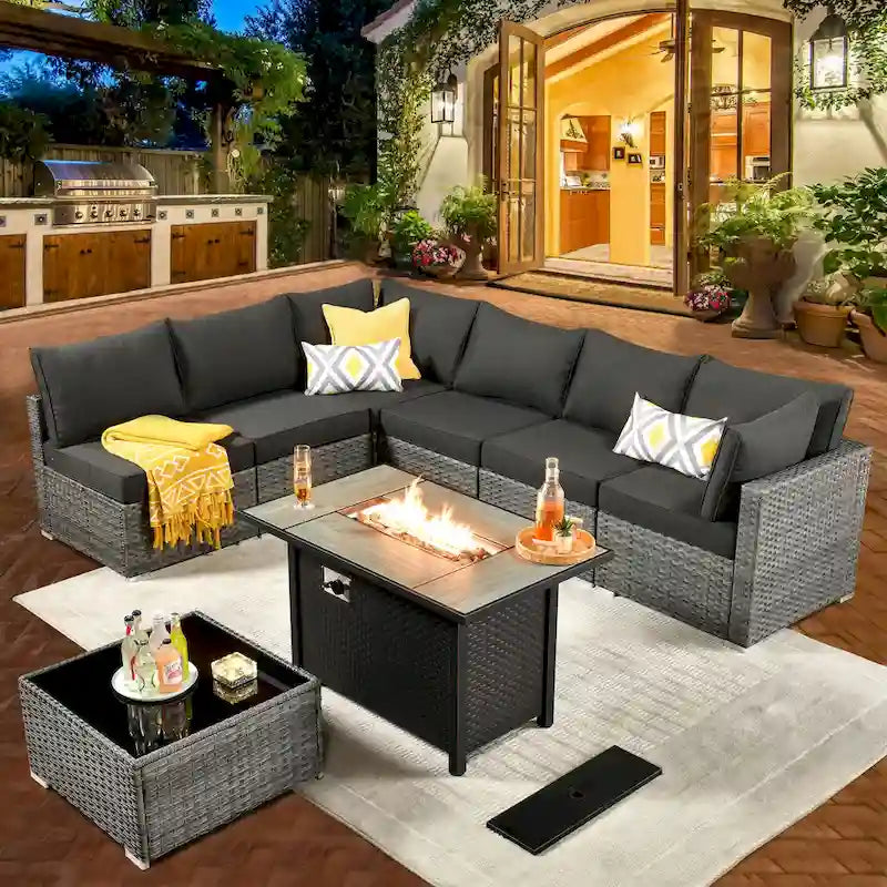 8-Piece Grey Wicker Outdoor Sectional Sofa with Fire Pit Table