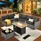 8-Piece Grey Wicker Outdoor Sectional Sofa with Fire Pit Table