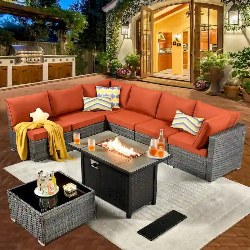 8-Piece Grey Wicker Outdoor Sectional Sofa with Fire Pit Table