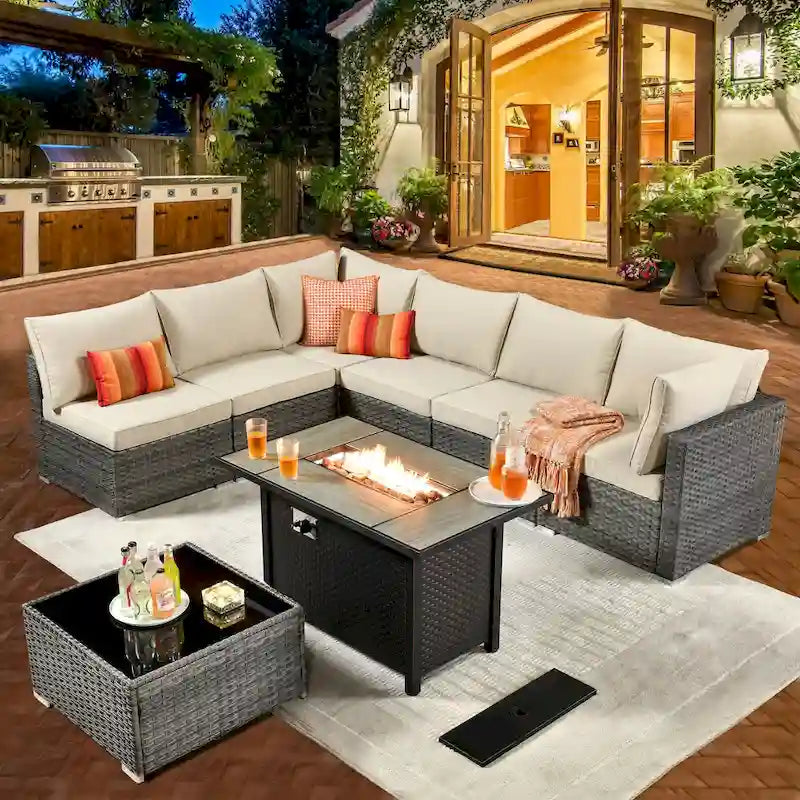 8-Piece Grey Wicker Outdoor Sectional Sofa with Fire Pit Table