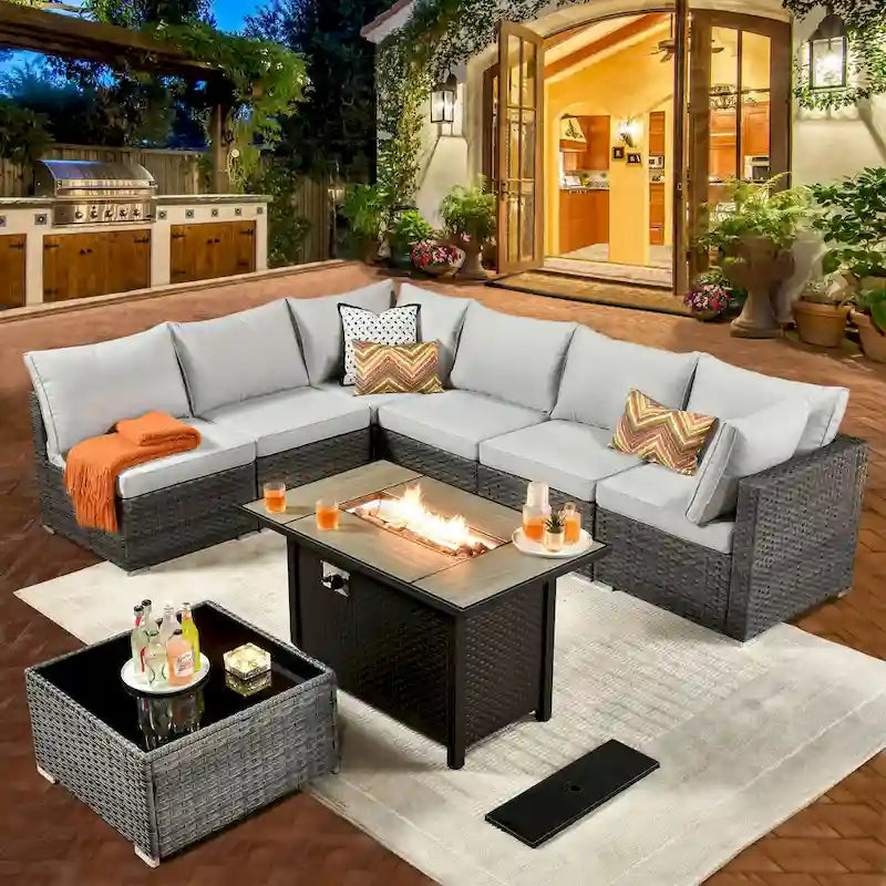 8-Piece Grey Wicker Outdoor Sectional Sofa with Fire Pit Table