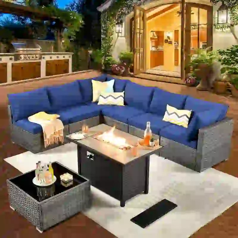 8-Piece Grey Wicker Outdoor Sectional Sofa with Fire Pit Table