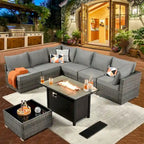 8-Piece Grey Wicker Outdoor Sectional Sofa with Fire Pit Table