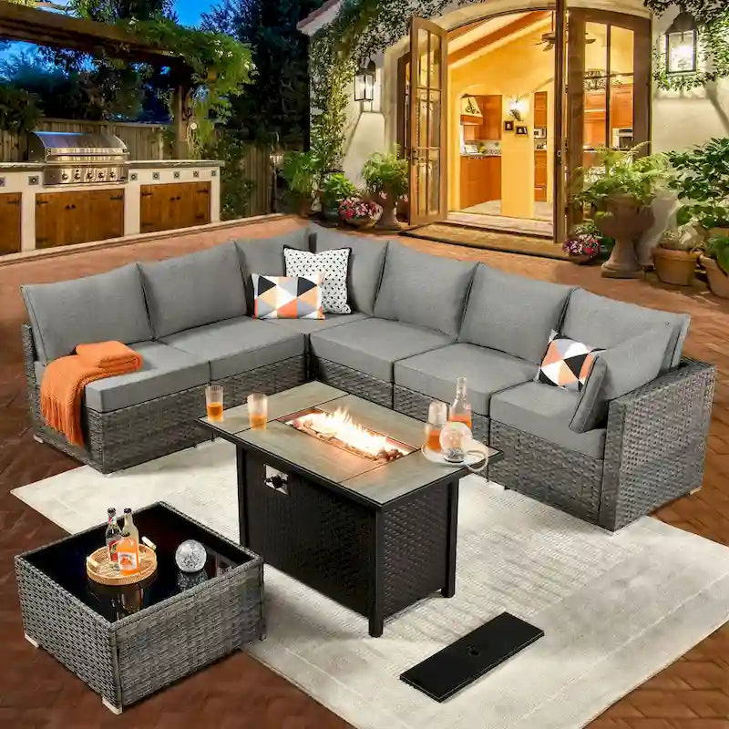 8-Piece Grey Wicker Outdoor Sectional Sofa with Fire Pit Table
