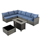 8-Piece Grey Wicker Outdoor Sectional Sofa with Fire Pit Table