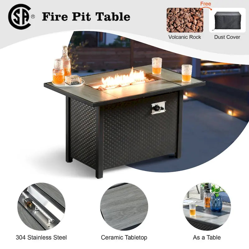 8-Piece Grey Wicker Outdoor Sectional Sofa with Fire Pit Table