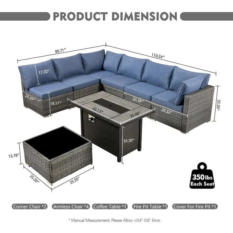8-Piece Grey Wicker Outdoor Sectional Sofa with Fire Pit Table