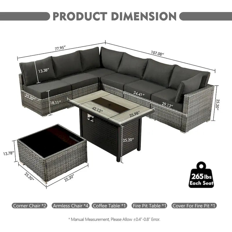 8-Piece Grey Wicker Outdoor Sectional Sofa with Fire Pit Table