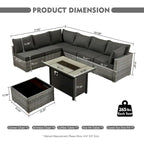 8-Piece Grey Wicker Outdoor Sectional Sofa with Fire Pit Table