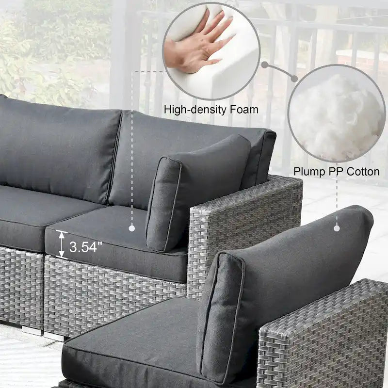 8-Piece Grey Wicker Outdoor Sectional Sofa with Fire Pit Table