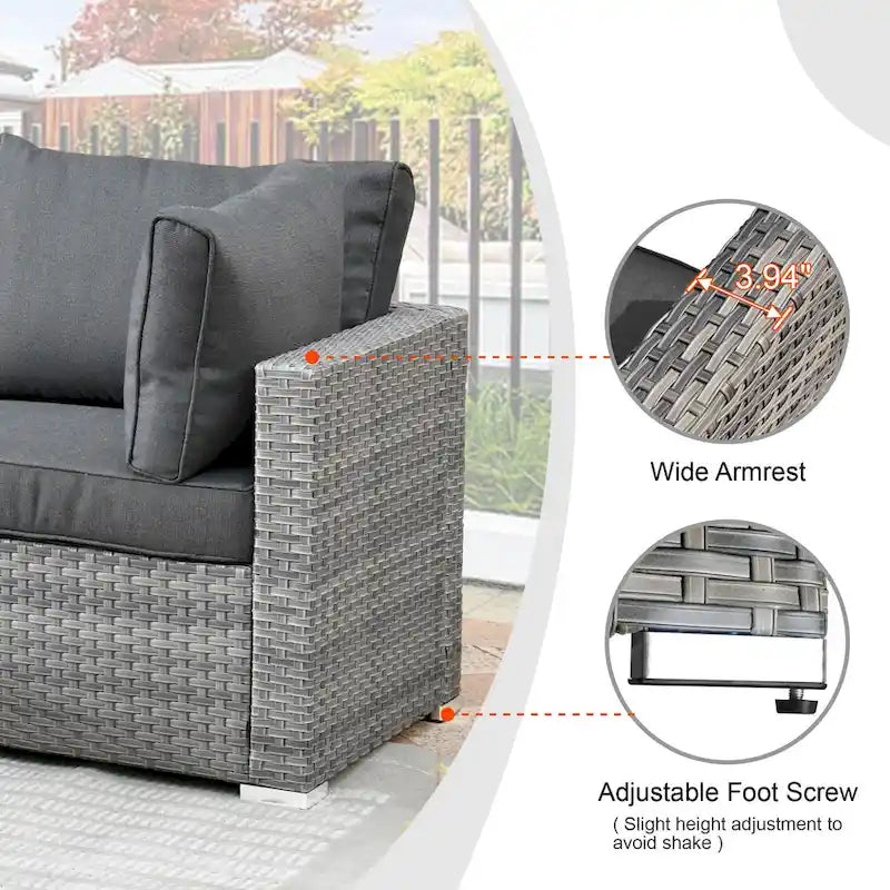 8-Piece Grey Wicker Outdoor Sectional Sofa with Fire Pit Table