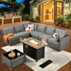 8-Piece Grey Wicker Outdoor Sectional Sofa with Fire Pit Table