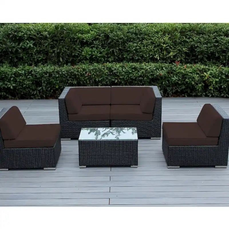 Ohana Outdoor Patio 5 Piece Black Wicker Sectional with Cushions - No Assembly