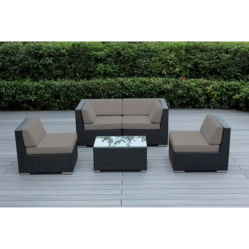Ohana Outdoor Patio 5 Piece Black Wicker Sectional with Cushions - No Assembly