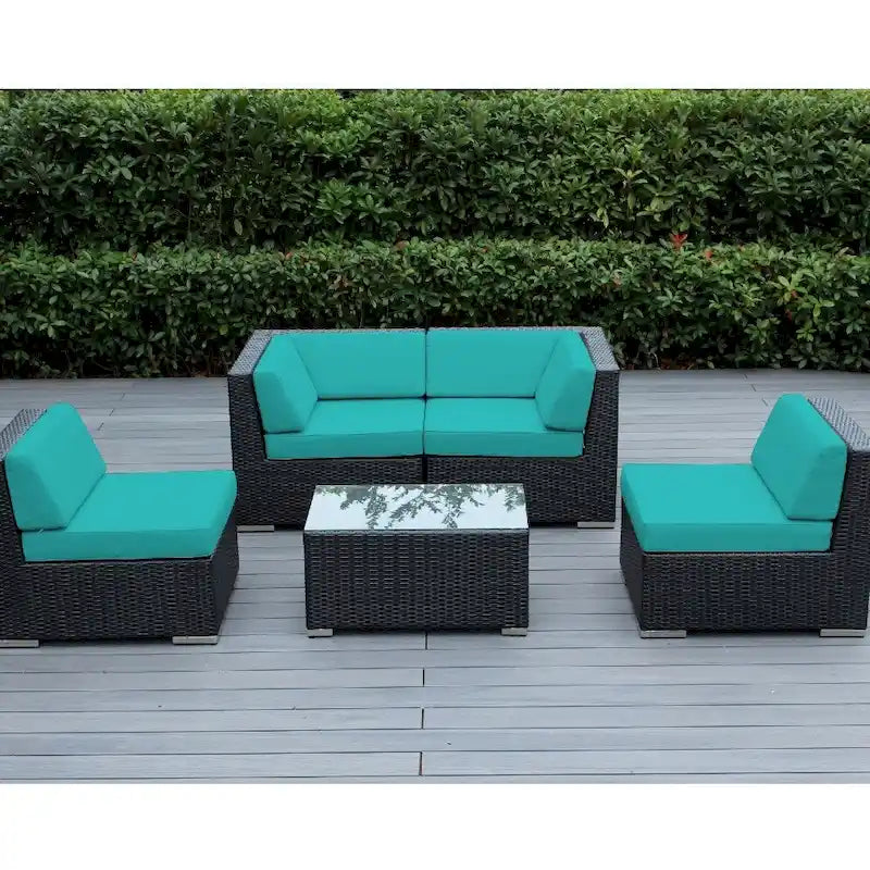 Ohana Outdoor Patio 5 Piece Black Wicker Sectional with Cushions - No Assembly