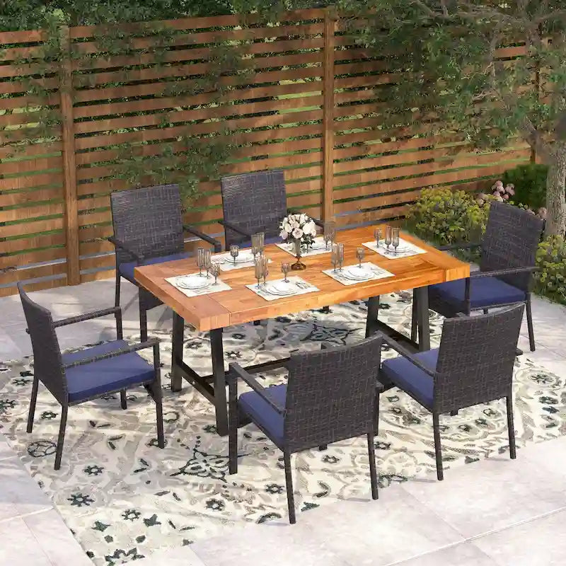 7-Piece Outdoor Patio Dining Set,1 Acacia Wood Table & 6 Cushioned Rattan Chairs