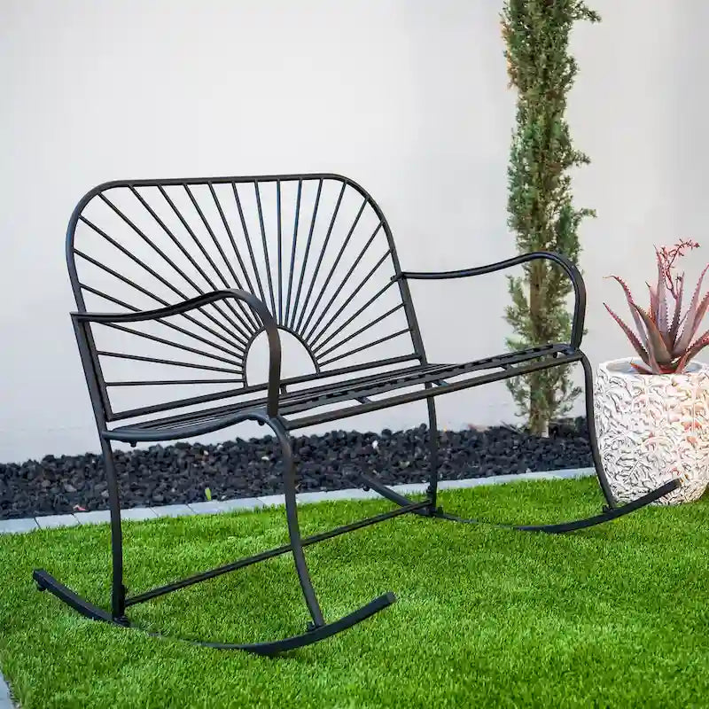XBrand 44.5 L Iron Sun-Patterned Seat for Two Indoor/Outdoor Rocking Bench
