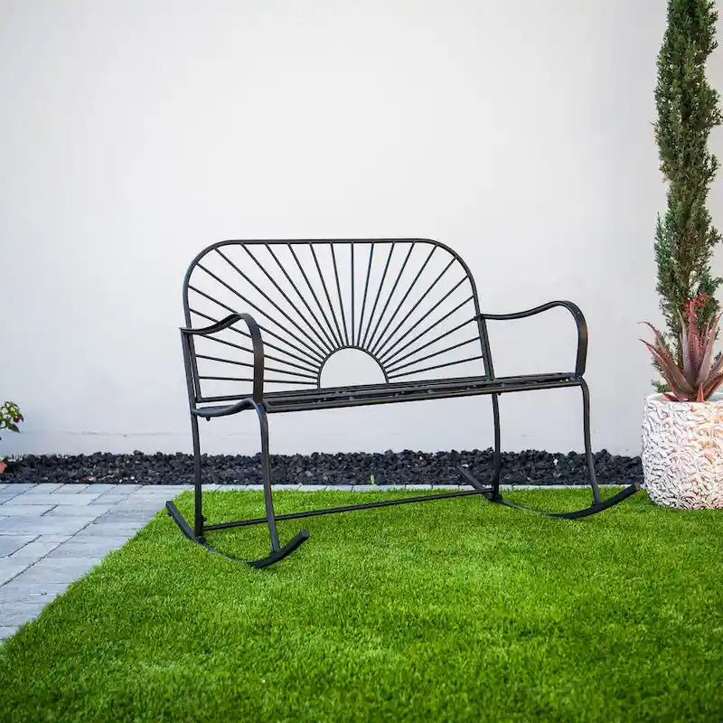 XBrand 44.5 L Iron Sun-Patterned Seat for Two Indoor/Outdoor Rocking Bench