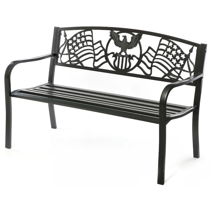 Steel Outdoor Patio Garden Park Seating Bench with Cast Iron  Patriotic American Flag and Eagle  Backrest, Front Porch Bench
