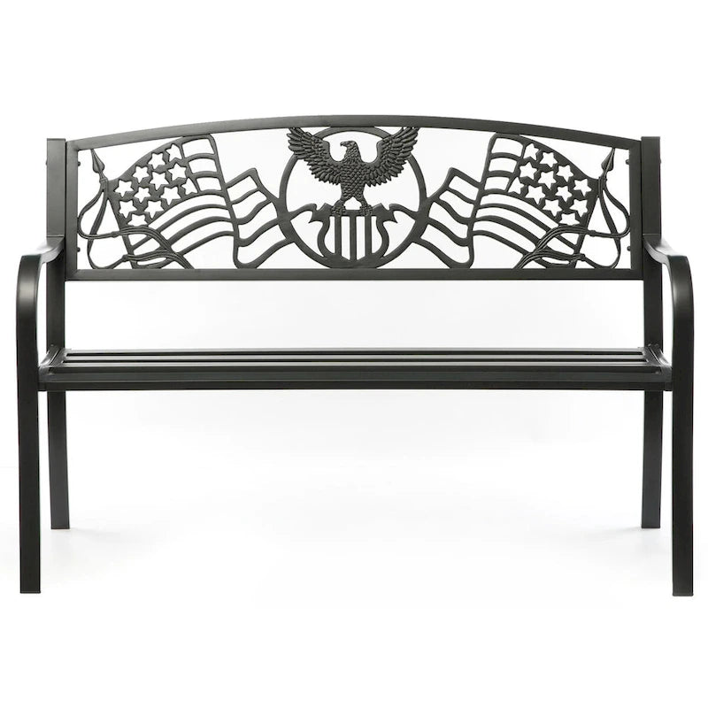 Steel Outdoor Patio Garden Park Seating Bench with Cast Iron  Patriotic American Flag and Eagle  Backrest, Front Porch Bench