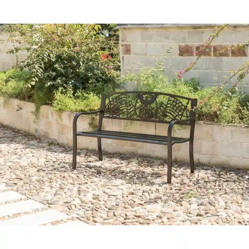 Steel Outdoor Patio Garden Park Seating Bench with Cast Iron  Patriotic American Flag and Eagle  Backrest, Front Porch Bench