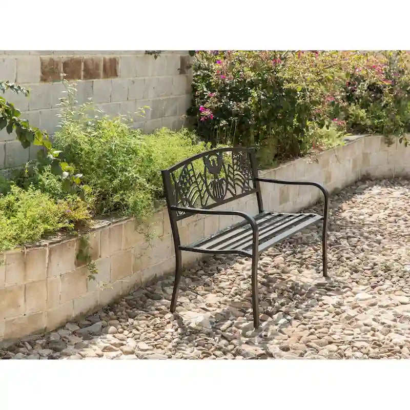 Steel Outdoor Patio Garden Park Seating Bench with Cast Iron  Patriotic American Flag and Eagle  Backrest, Front Porch Bench