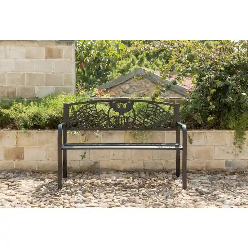 Steel Outdoor Patio Garden Park Seating Bench with Cast Iron  Patriotic American Flag and Eagle  Backrest, Front Porch Bench