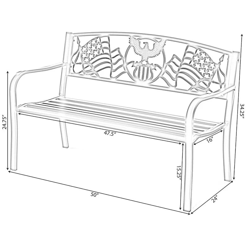 Steel Outdoor Patio Garden Park Seating Bench with Cast Iron  Patriotic American Flag and Eagle  Backrest, Front Porch Bench