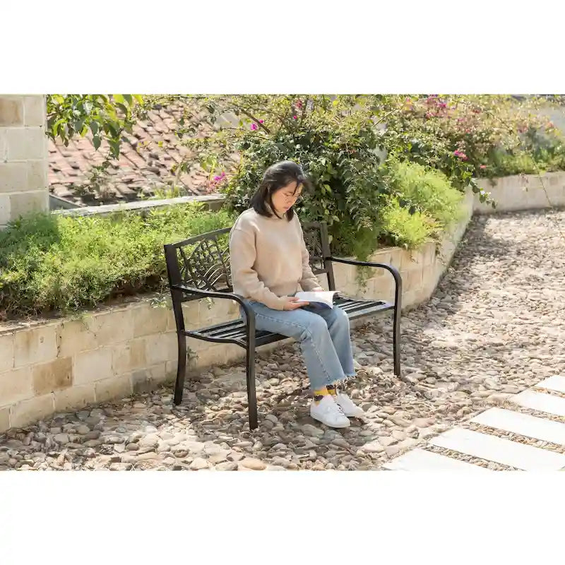 Steel Outdoor Patio Garden Park Seating Bench with Cast Iron  Patriotic American Flag and Eagle  Backrest, Front Porch Bench