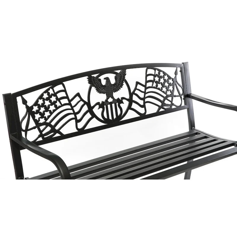 Steel Outdoor Patio Garden Park Seating Bench with Cast Iron  Patriotic American Flag and Eagle  Backrest, Front Porch Bench