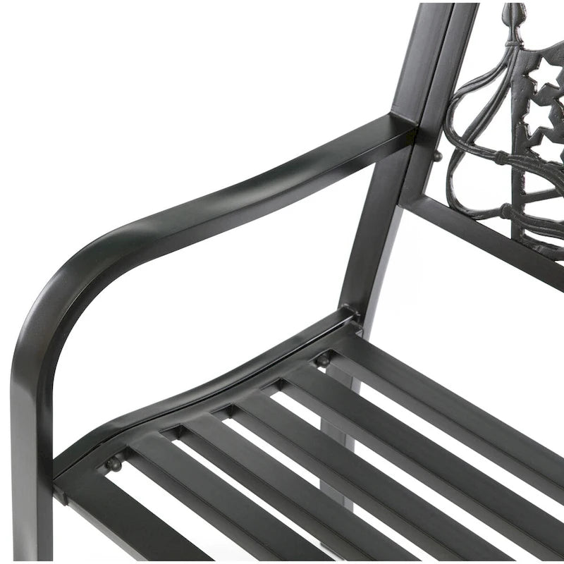 Steel Outdoor Patio Garden Park Seating Bench with Cast Iron  Patriotic American Flag and Eagle  Backrest, Front Porch Bench