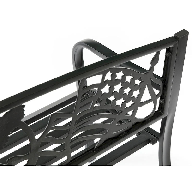 Steel Outdoor Patio Garden Park Seating Bench with Cast Iron  Patriotic American Flag and Eagle  Backrest, Front Porch Bench