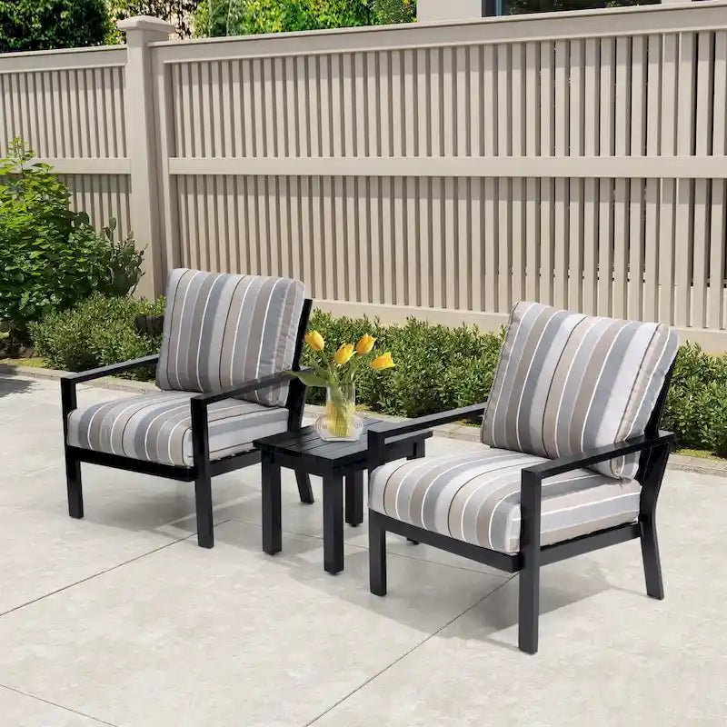 Outdoor 3-piece Cushioned Aluminum Patio Furniture Conversation Set, Sunbrella Cushions, Aluminum Side Table