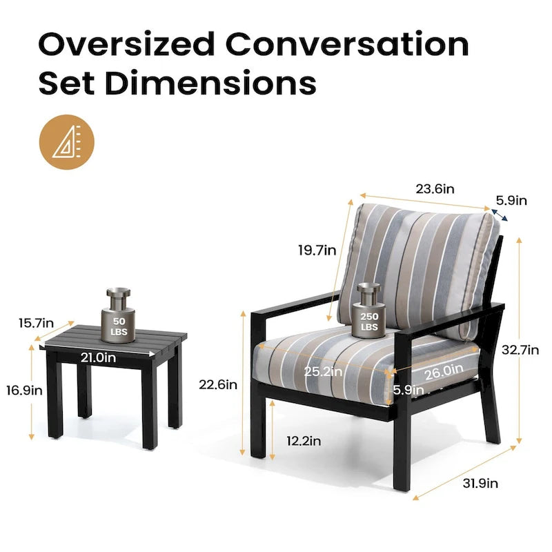 Outdoor 3-piece Cushioned Aluminum Patio Furniture Conversation Set, Sunbrella Cushions, Aluminum Side Table