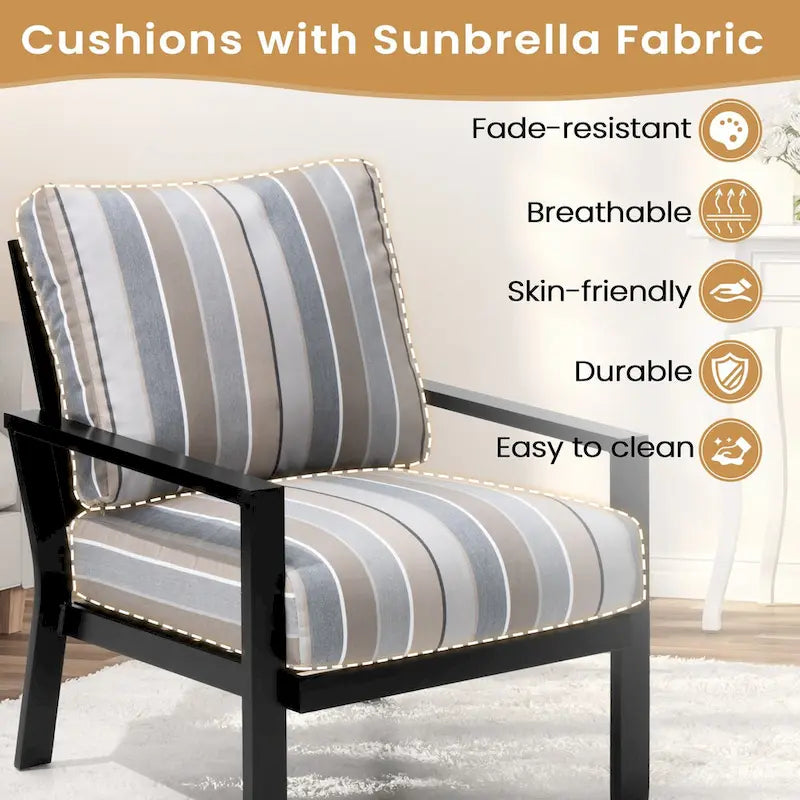 Outdoor 3-piece Cushioned Aluminum Patio Furniture Conversation Set, Sunbrella Cushions, Aluminum Side Table
