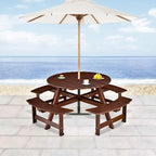 Wood Round Picnic Tables Set with Umbrella Hole and Benches